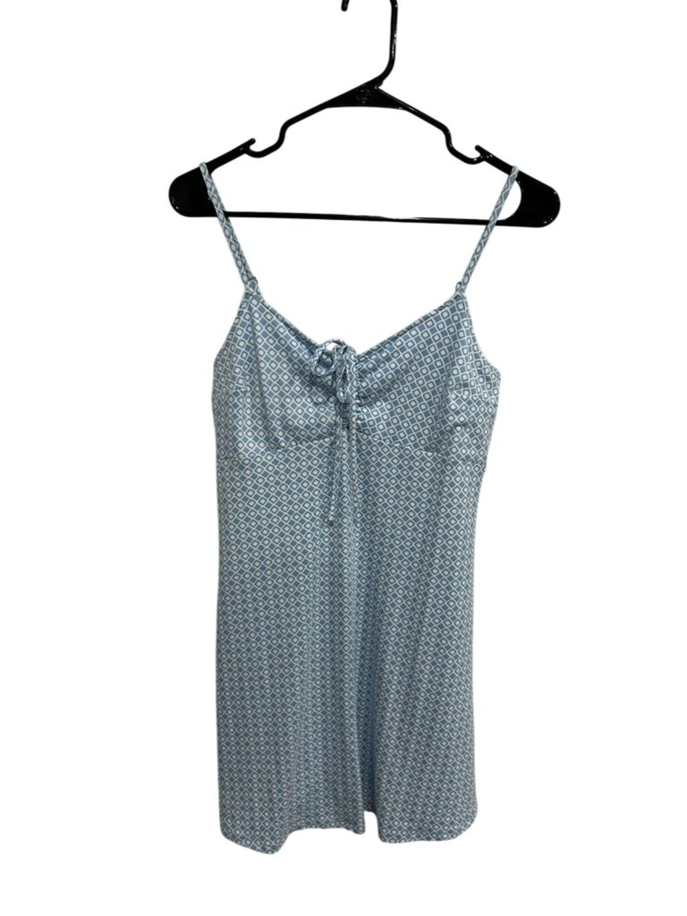Hollister Small Blue White Diamond Print Spaghetti Mini Dress Festival Boho Chic